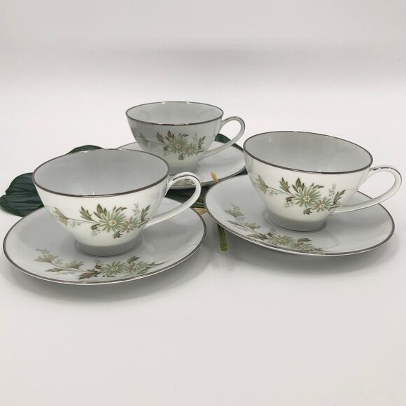 Vintage 3 Set Noritake White Green Floral Daisy Soroya 6853 Tea Cups & Saucers - Picture 1 of 10